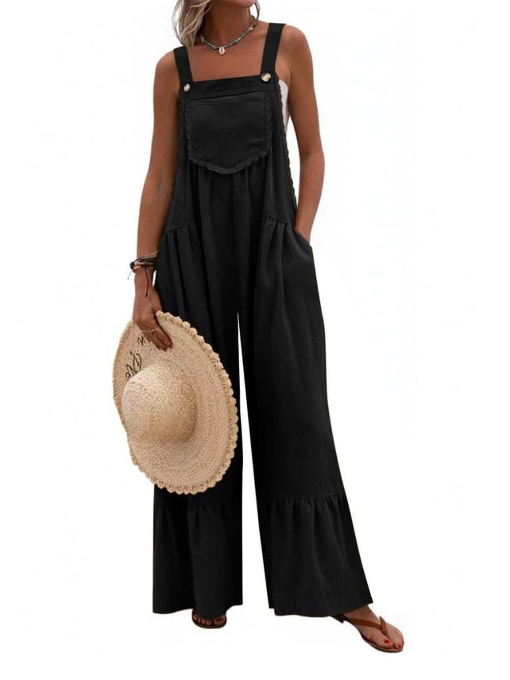 Women's Lace Casual Overalls Summer Jumpsuit Loose Baggy Wide Leg Ruffle Pants